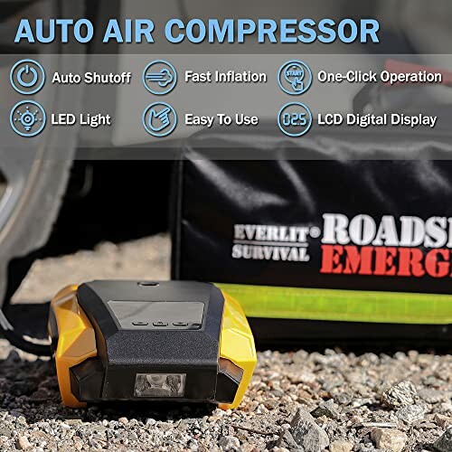 Portable auto air compressor with features listed: auto shutoff, fast inflation, one-click operation, LED light, easy to use, LCD display.