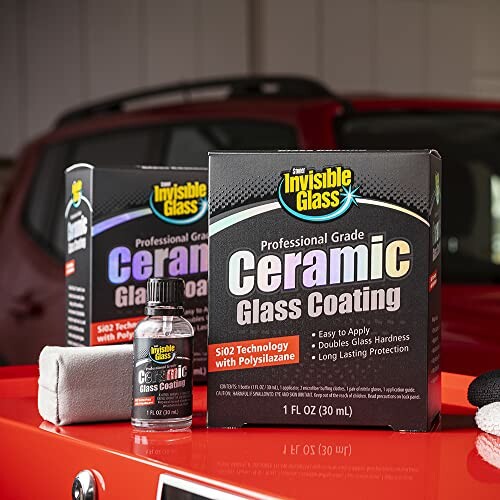 Ceramic Glass Coating kit with box, bottle, and cloth.