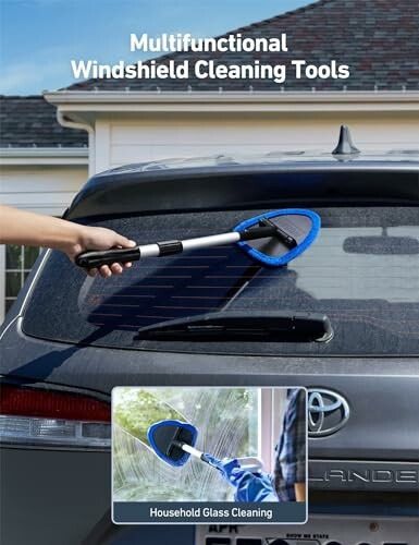 Person using a multifunctional windshield cleaning tool on a car and household glass.