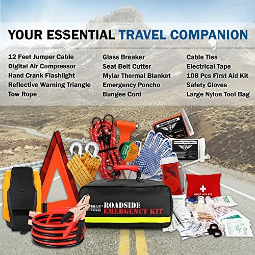 Roadside emergency kit with jumper cables, first aid, flashlight, and more.