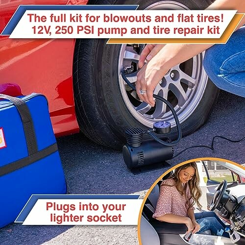 Portable 12V tire inflator and repair kit for car tires.